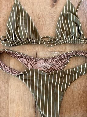 acacia swimwear Olive Green & White Striped Bikini with Leopard Lining